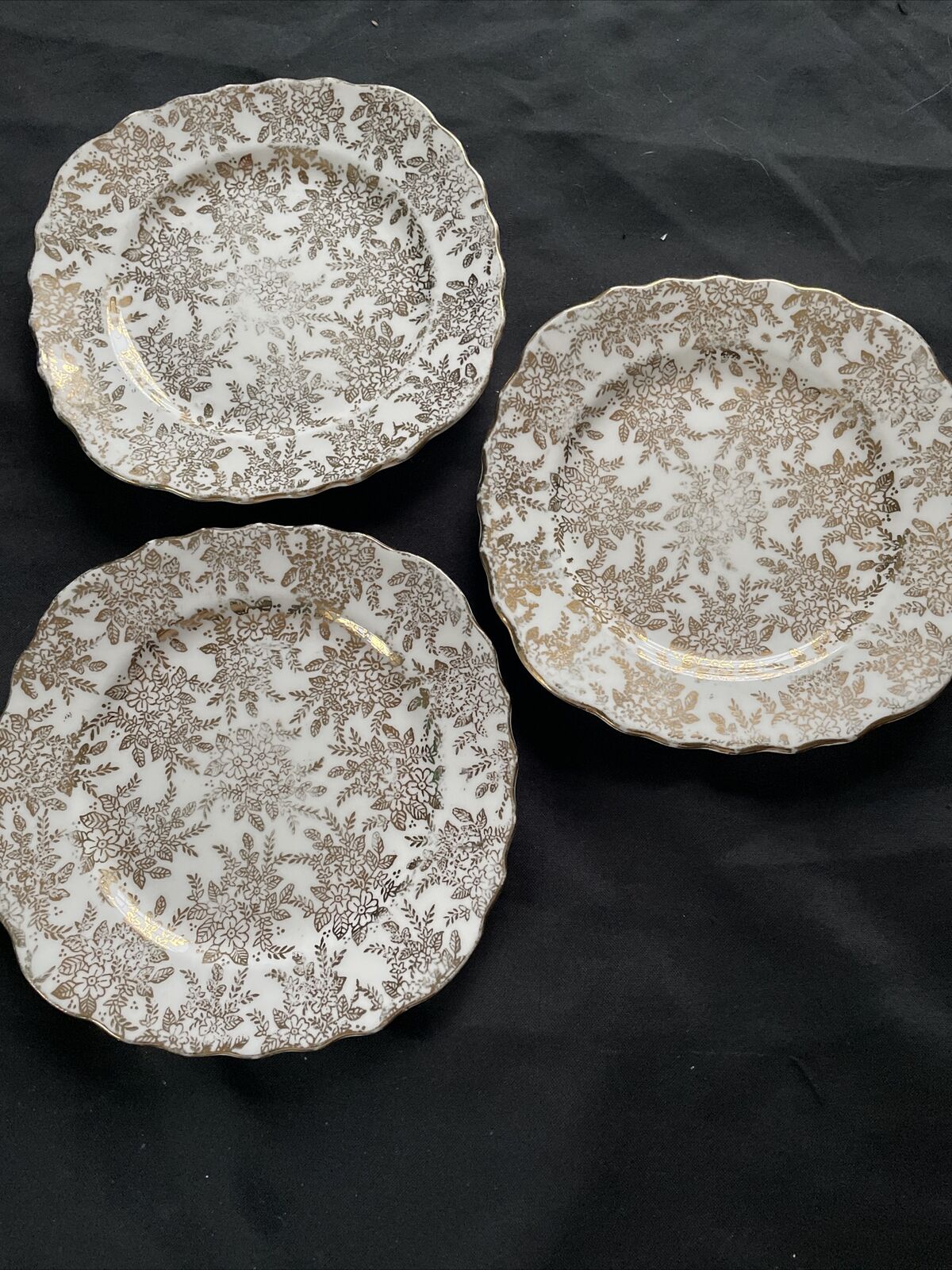 Vale Bone China Longton England Gold Leaf Filligree 1960's side plates x3 - 9393