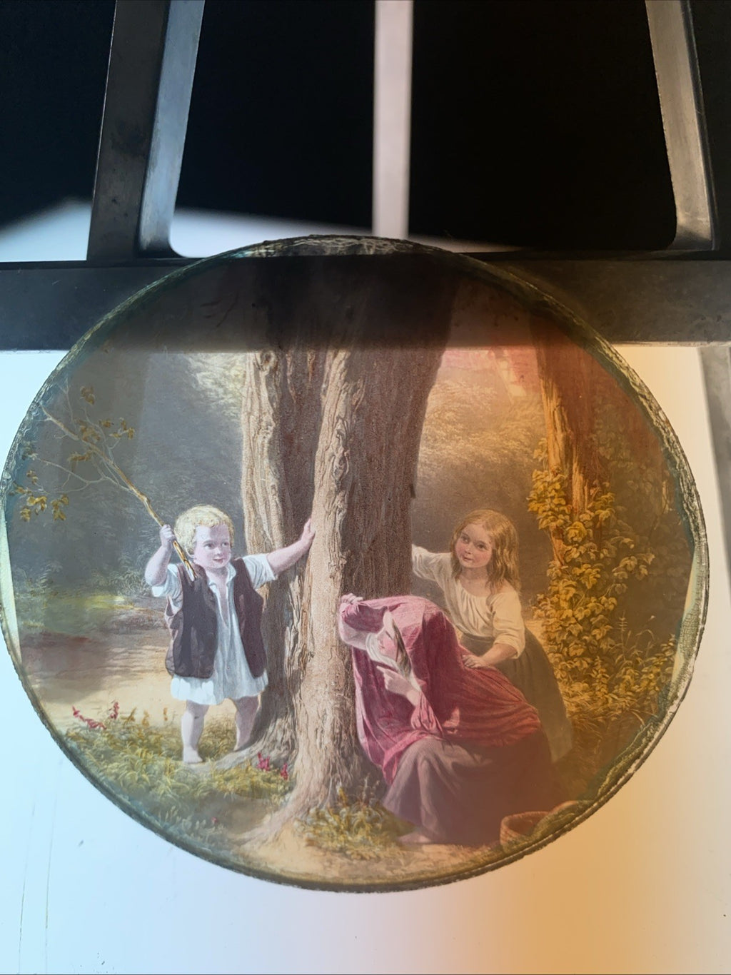 Magic Lantern Victorian Glass Round Handpainted Slide Hide and Seek (1170)