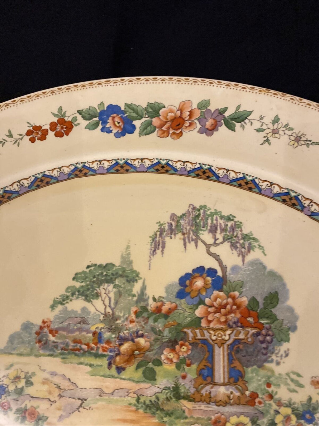 Vintage Myott Son & CO Large Oval Platter Yellow with Japanese Garden - (8558)