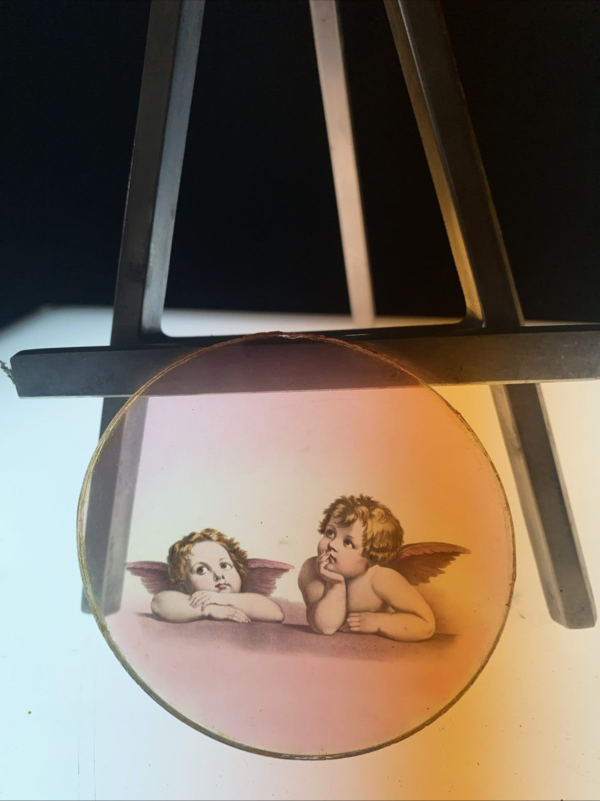 Magic Lantern Victorian Glass Round Handpainted Slide Pair of Cherubs (1116)