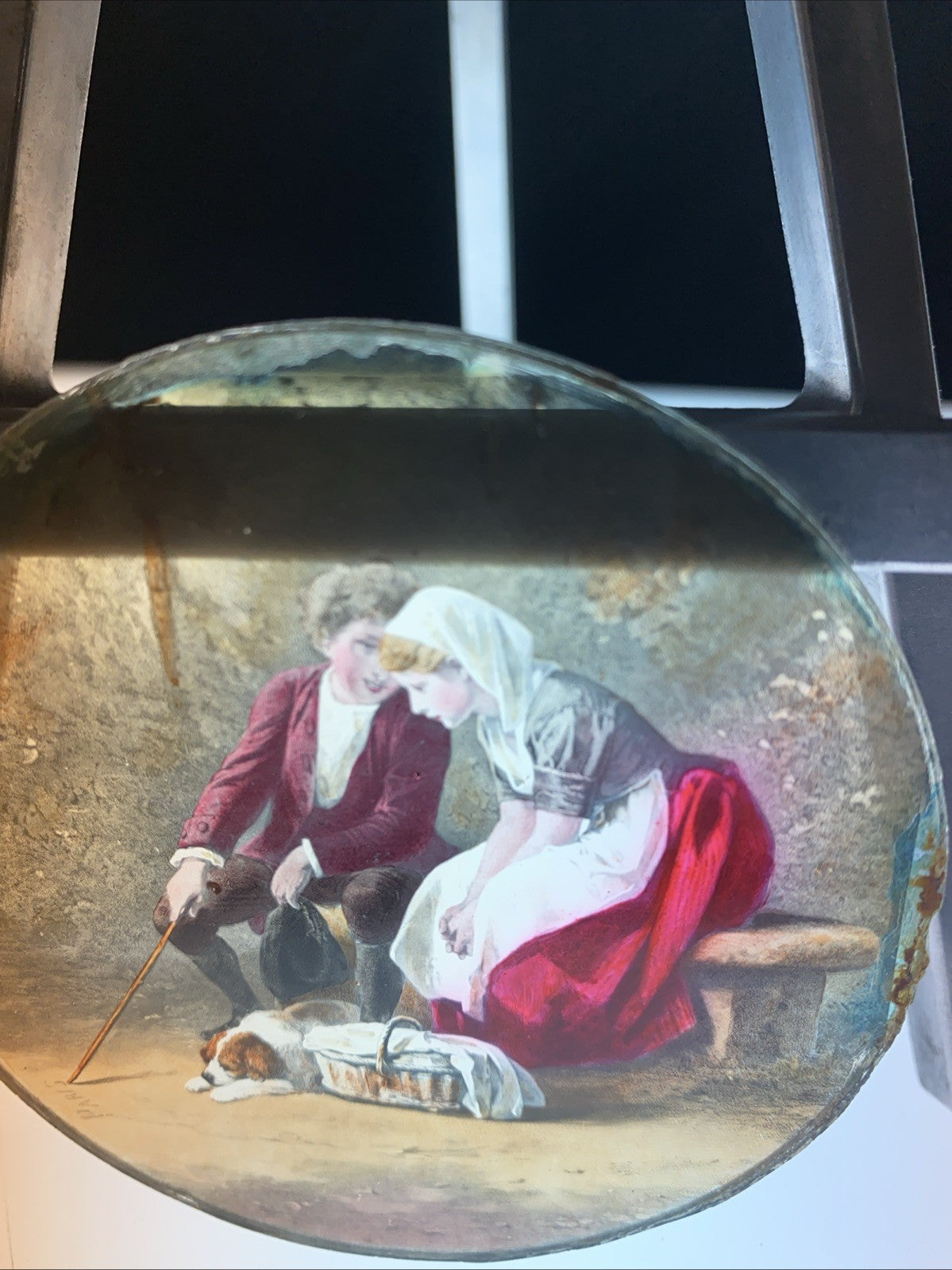 Magic Lantern Victorian Glass Round Handpainted Slide A Young Couple (1144)