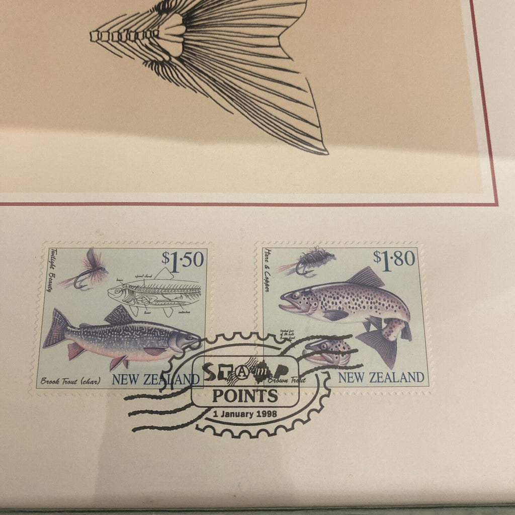 Framed and glazed New Zealand Fly Fishing Genuine Stamps 1st Jan 1988 -(9114)
