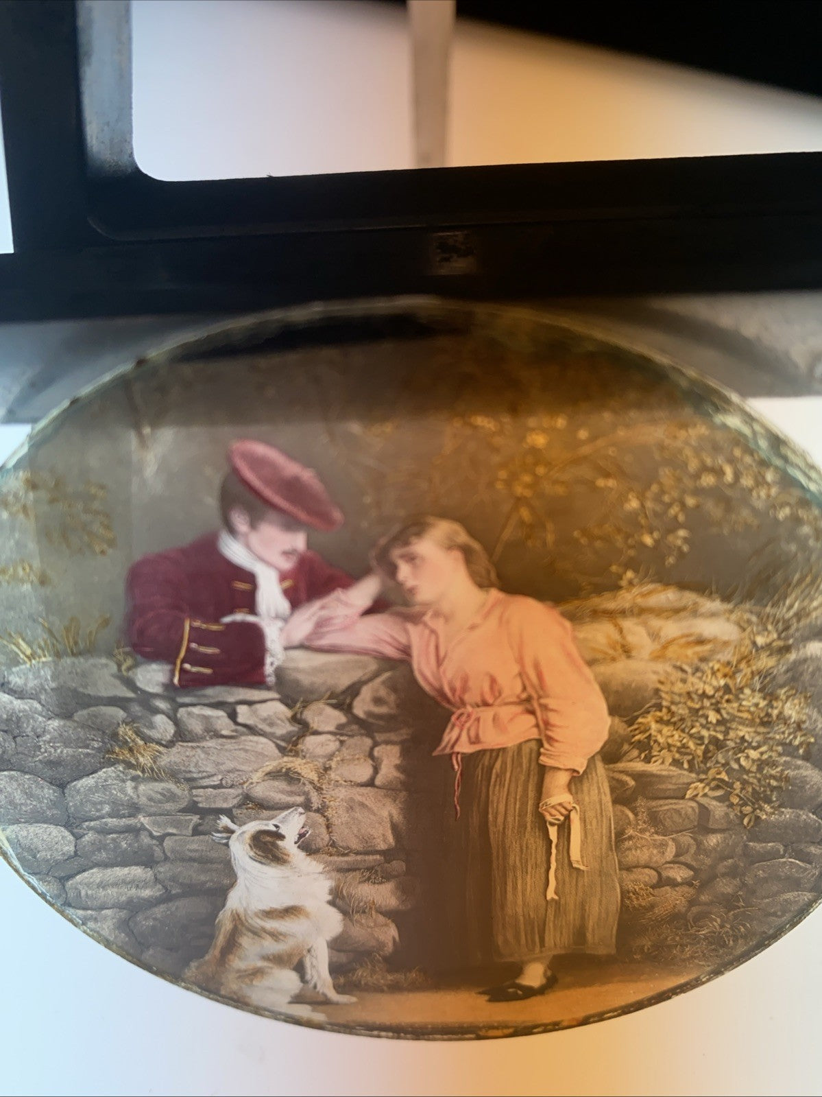 Magic Lantern Victorian Glass Round Handpainted Slide Walking the dog (1156)
