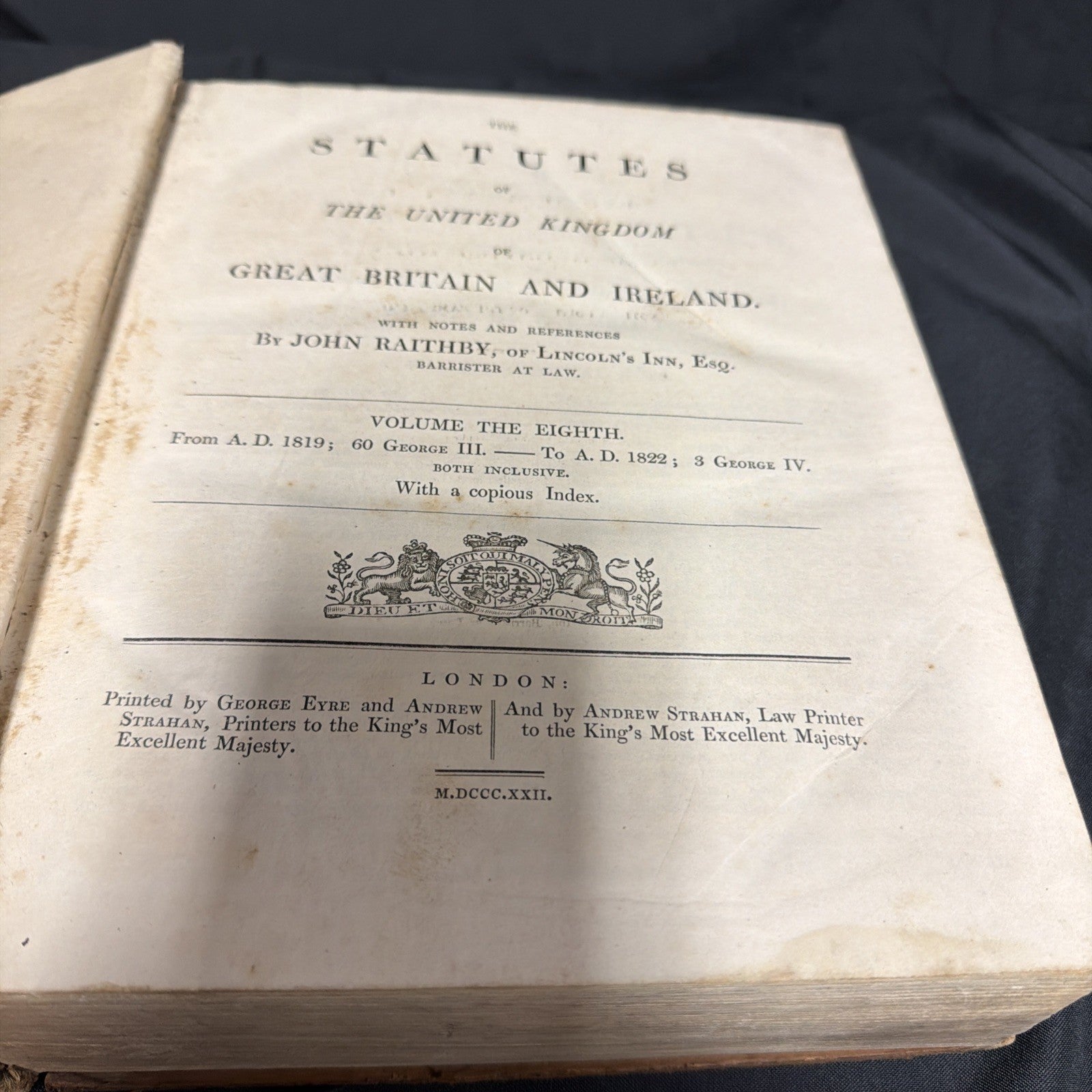 The Statutes United Kingdom George III - IV 1819 - 1822 Vol 8 huge Book - SKU (1911)