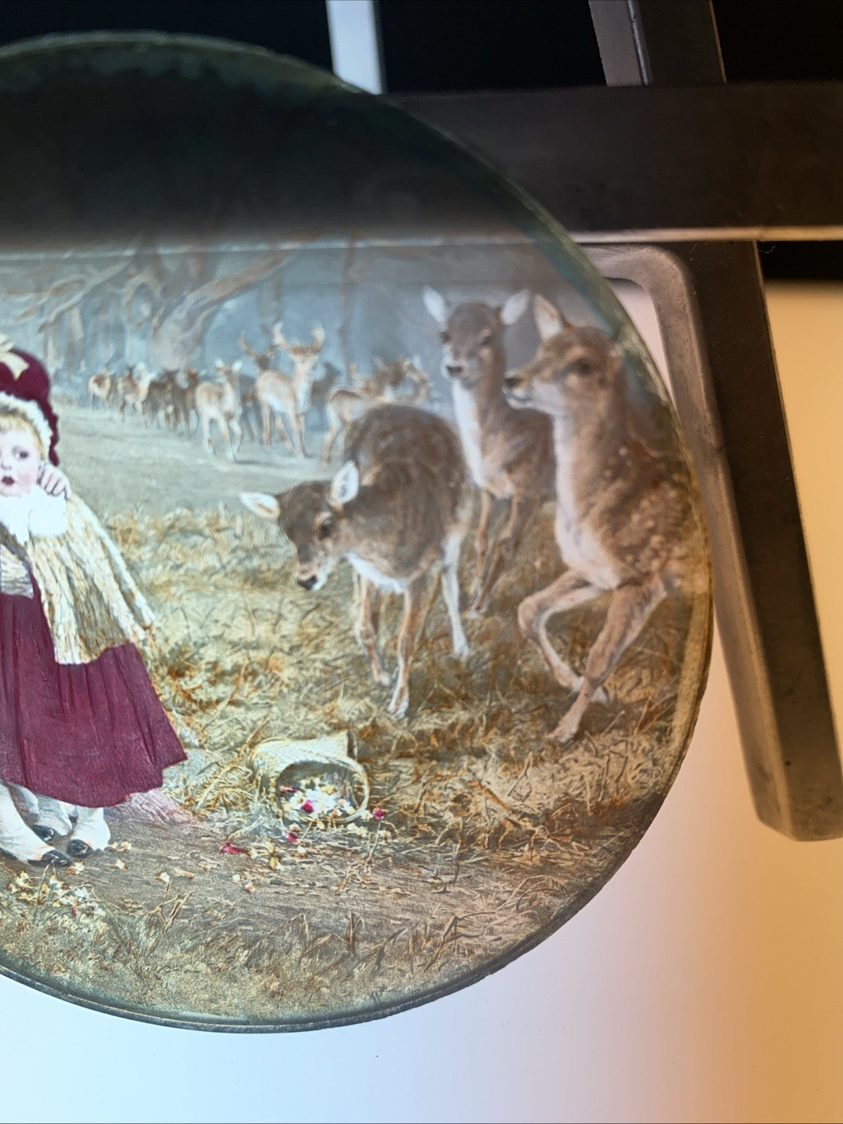 Magic Lantern Victorian Glass Round Handpainted Slide Deer & Children (1141)