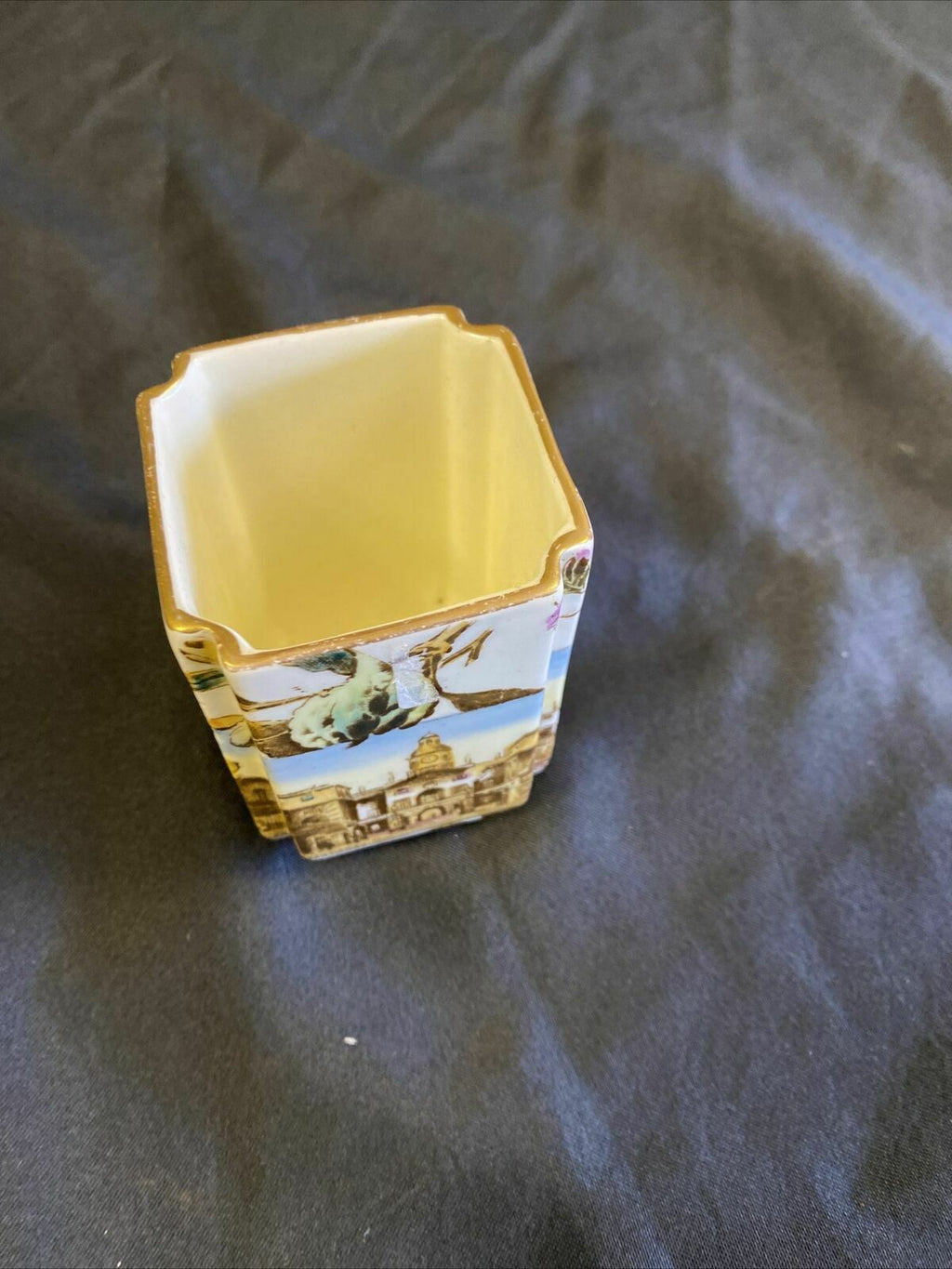 Antique Square Pot with The Horseguards & Albert memorial painted & Gilt (7717)