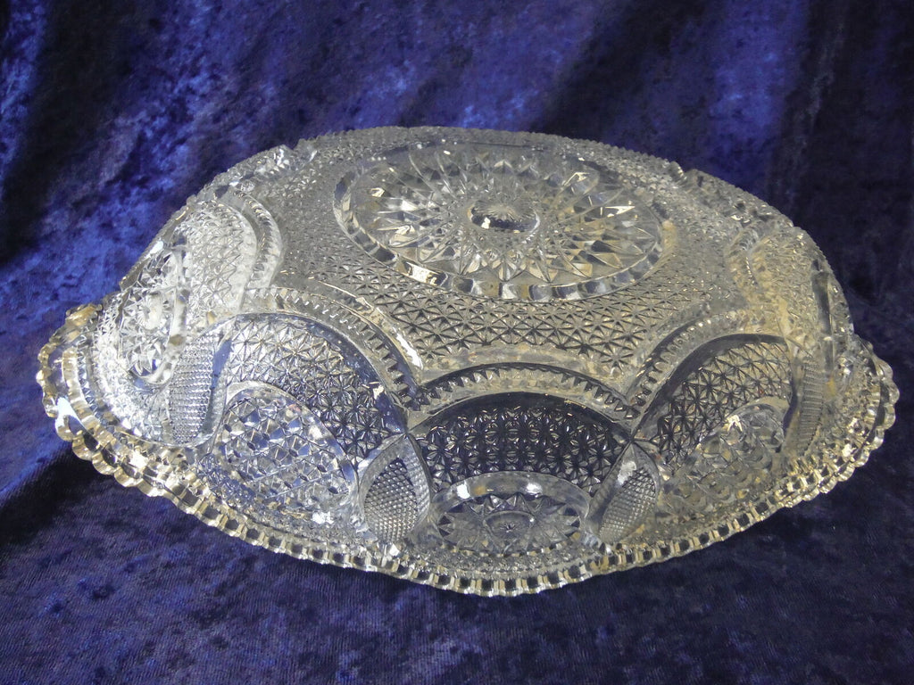 Antique Oblong Bowl Cut Glass saw tooth edge overlapping circles brilliant cut - (2986)