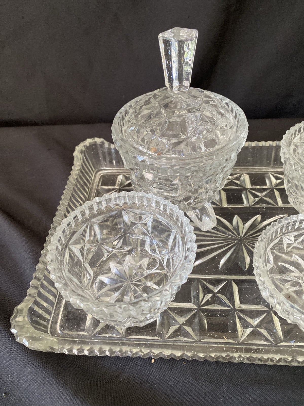 Vintage Pressed Glass Dressing Table Set Clear Tray, Ring Holder, 3 Pots (5457)