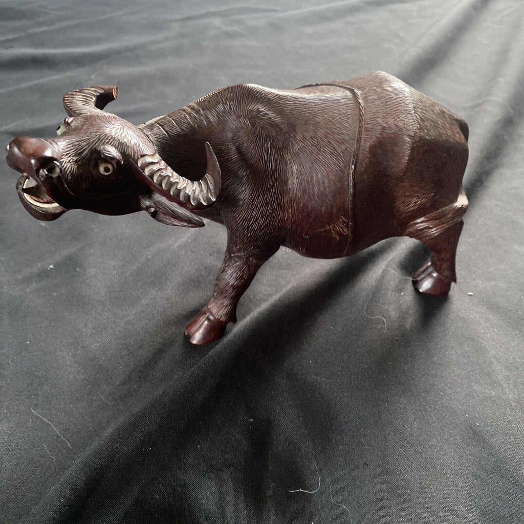 Late 19th century Chinese hardwood carved water buffalo or oxen Signed - (9404)