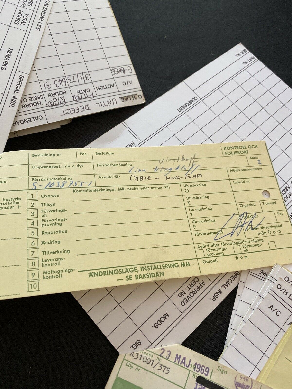 SAAB Factory Aircraft engines inspection Log Cards x 82 Collectable - 1970's - (6496)