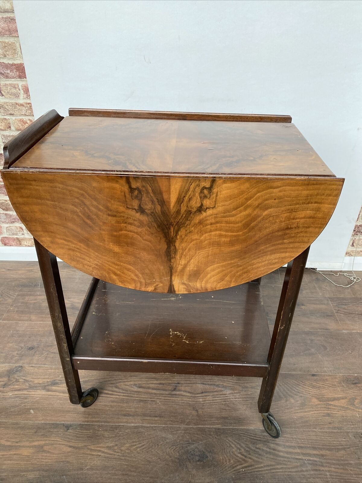 Antique Oak with walnut veneer Serving Trolley - Nice early solid trolley  drop leaf sides (8367