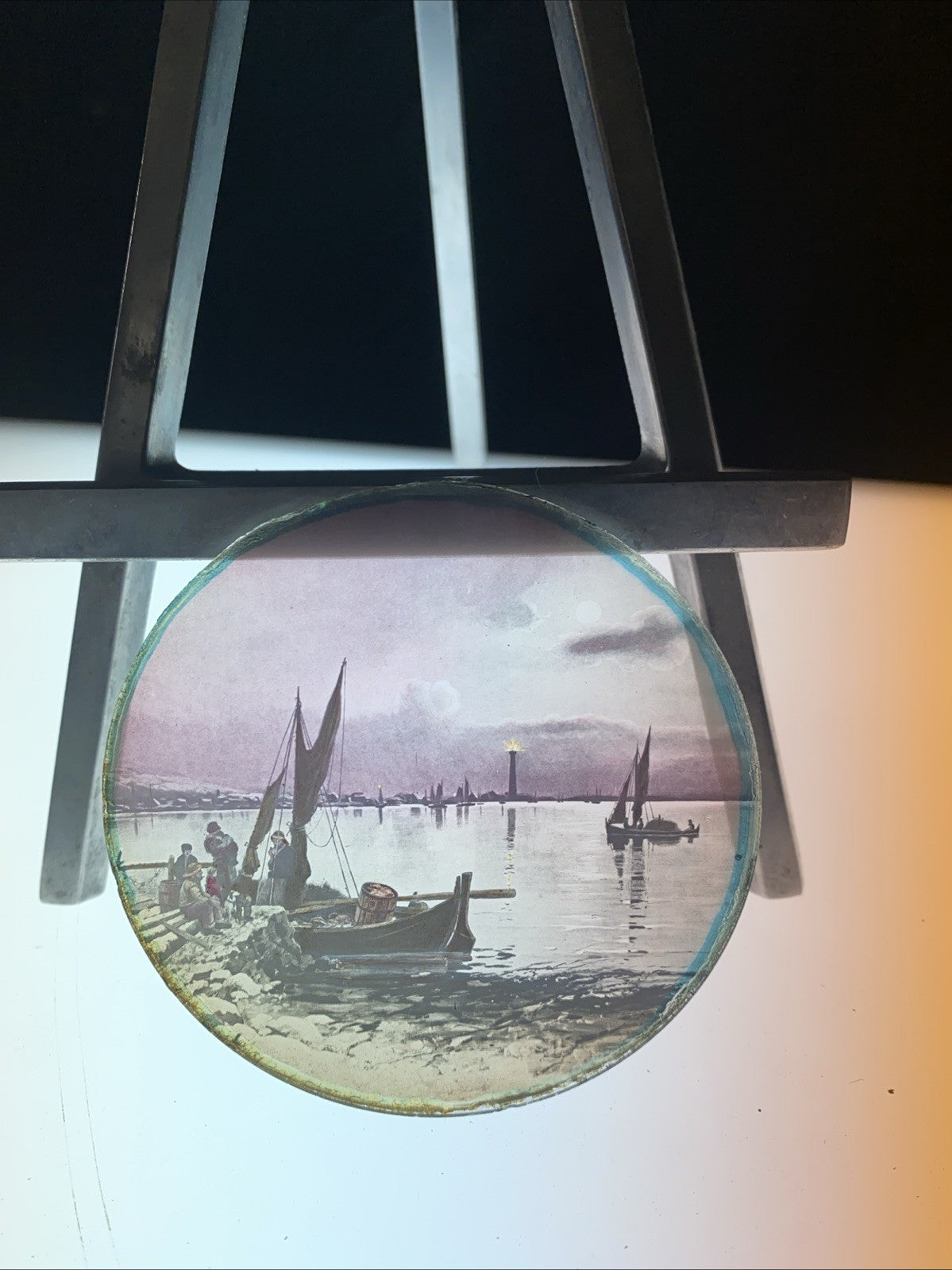 Magic Lantern Victorian Glass Round Handpainted Slide Fishing Boats - (1084)