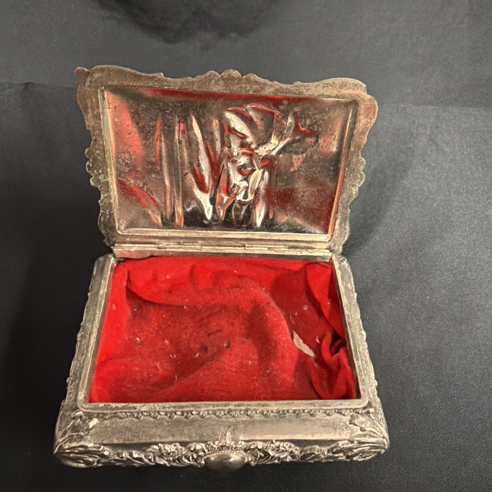 Vintage White Metal Ornate Trinket Box Large made in Japan Medieval scene - (1956)