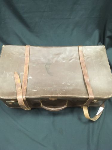 Antique Vulcan Leather Suitcase - Large prop theatre use - (2782)