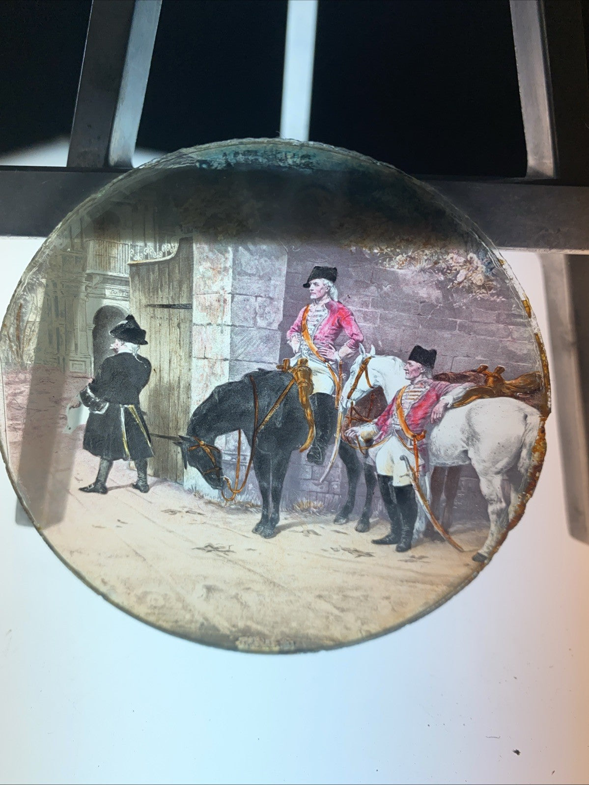 Magic Lantern Victorian Glass Round Handpainted Slide Guards & Horses (1147)