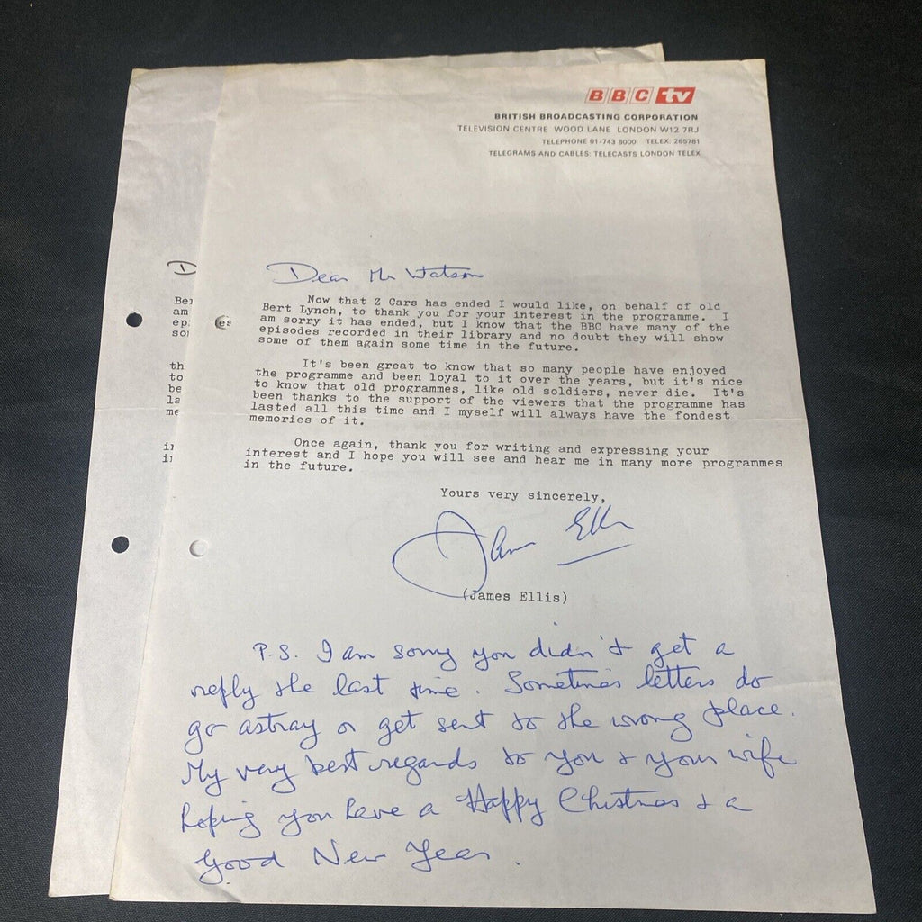 James Ellis (Bert Lynch Z Cars) 2 Letters both hand signed Autographed (8945)