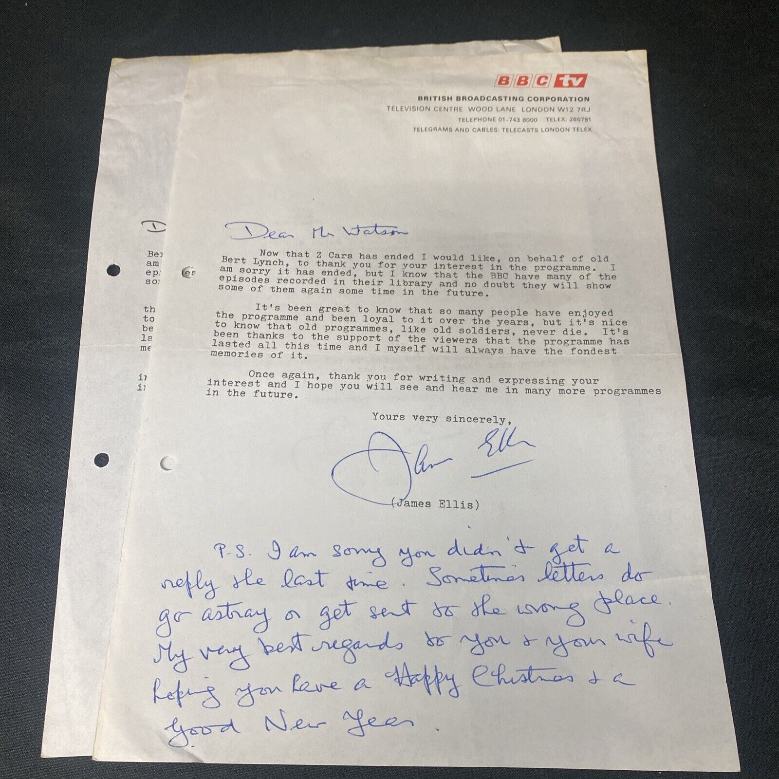 James Ellis (Bert Lynch Z Cars) 2 Letters both hand signed Autographed (8945)