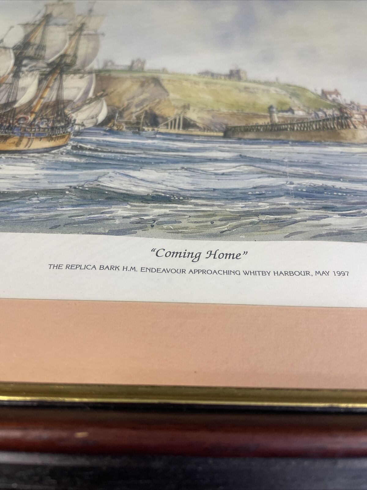 Vintage framed print of H.M Endeavour approaching Whitby 1997 May - (8144)
