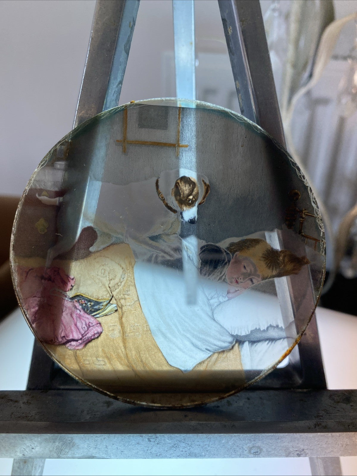 Magic Lantern Victorian Glass Round Handpainted Slide Dog & sleeping child (1132