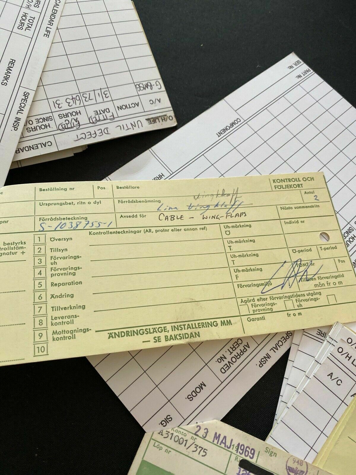 SAAB Factory Aircraft engines inspection Log Cards x 82 Collectable - 1970's - (6496)