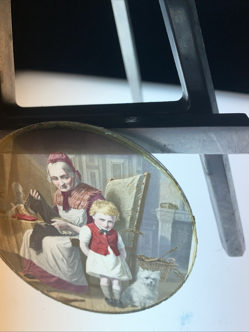 Magic Lantern Victorian Glass Round Handpainted Slide Sewing his trousers (1102)