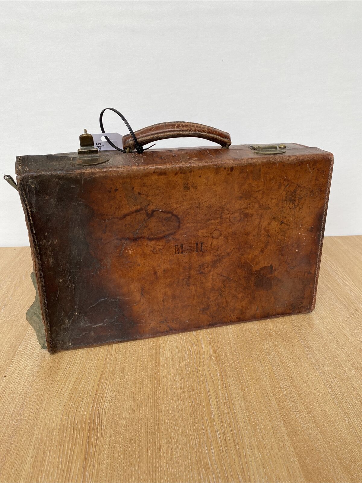 Antique Leather Briefcase- Heavy Leather needs work British made - (8299)