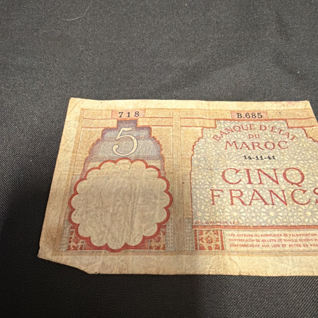 Bank Note Antique Banque D'Etat Du Maroc Morocco 5 Francs  1941 Circulated - (2307)