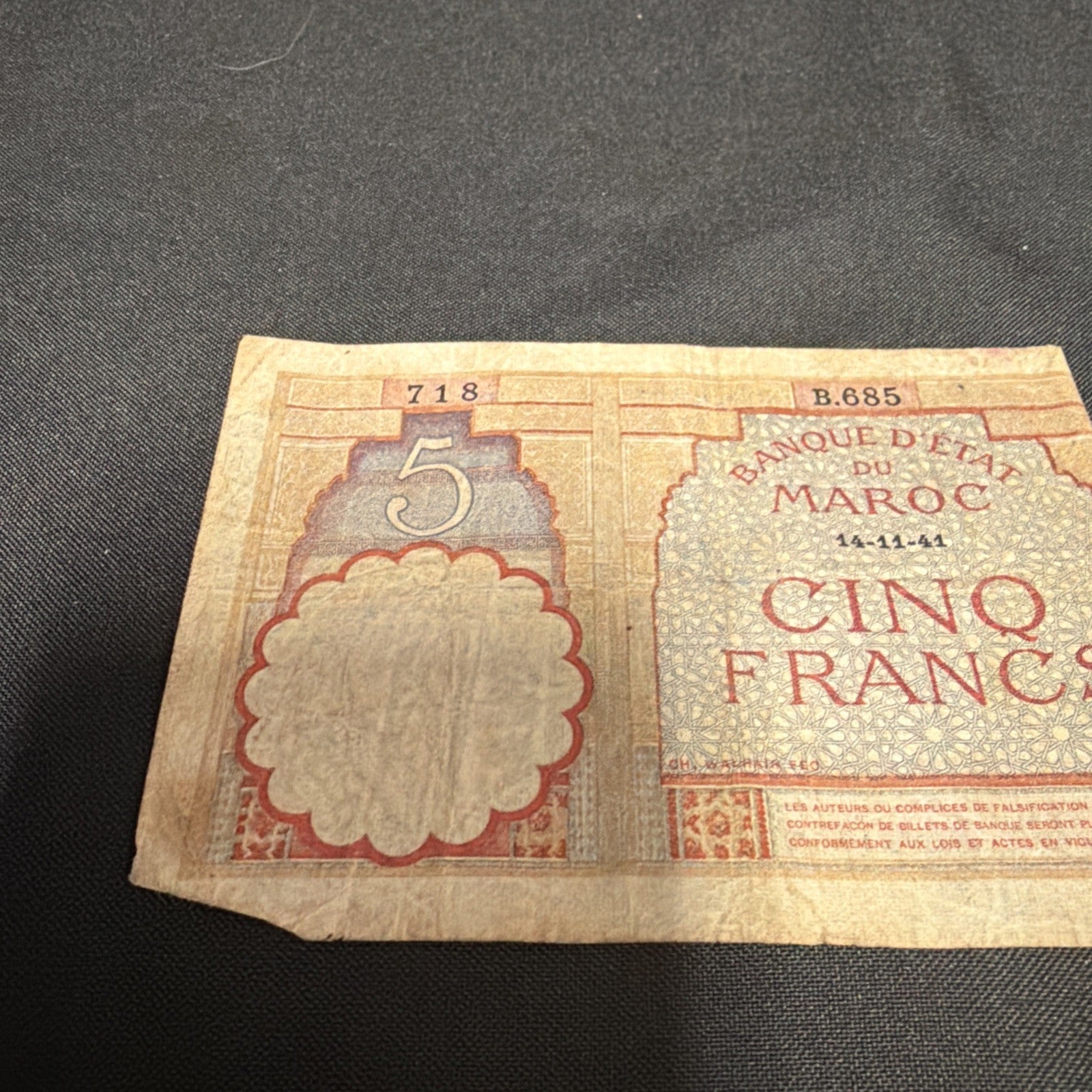 Bank Note Antique Banque D'Etat Du Maroc Morocco 5 Francs  1941 Circulated - (2307)