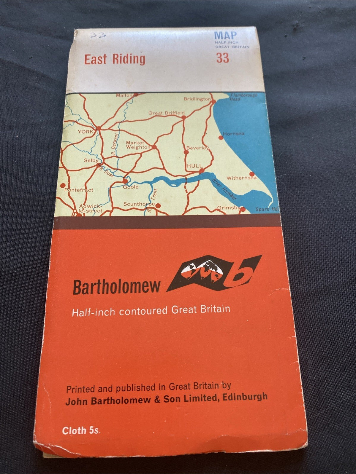 East Riding Bartholomew Revised Half Inch contoured Cloth Map #33 (1278)