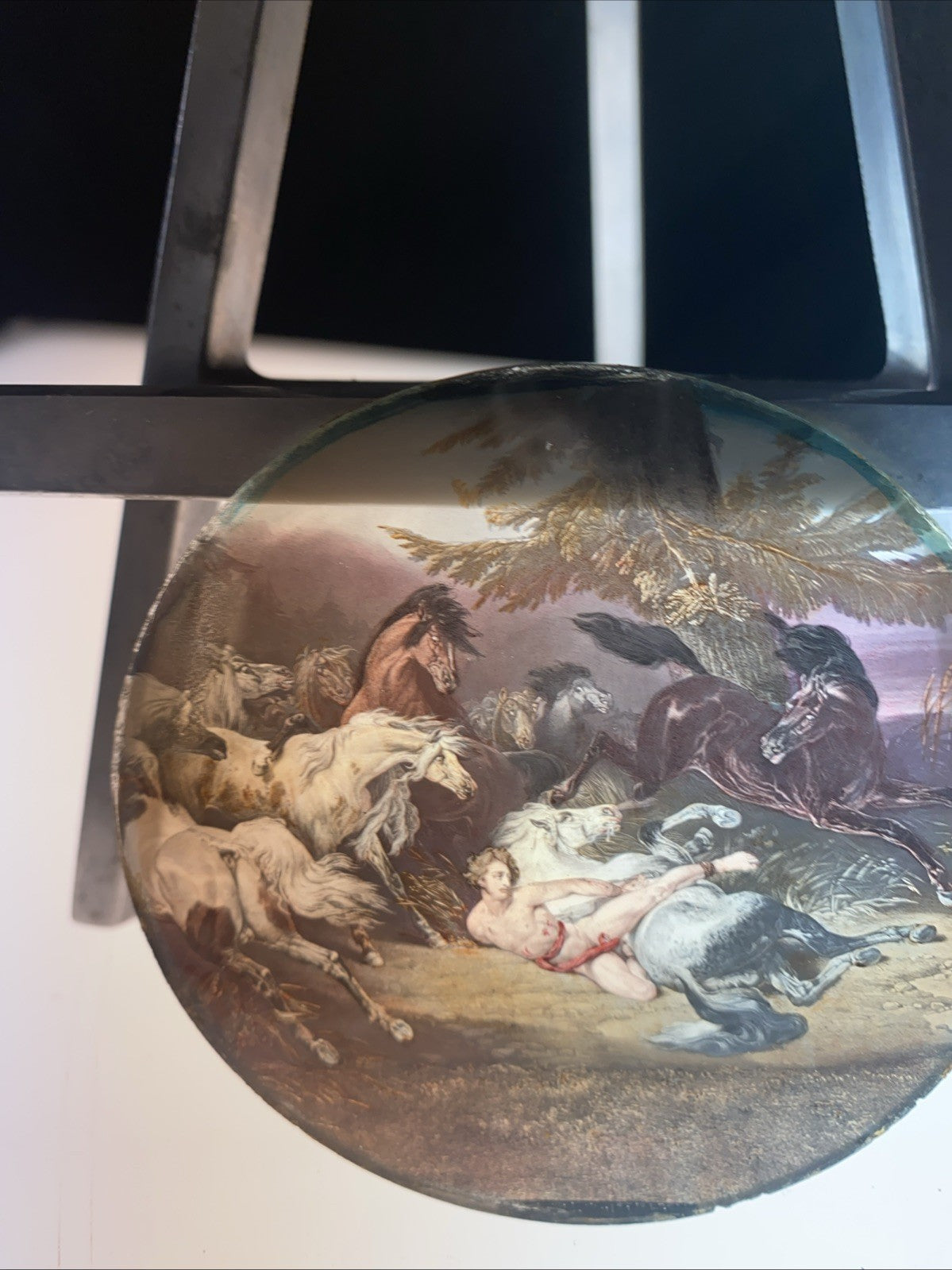 Magic Lantern Victorian Glass Round Handpainted Slide Horses & Achills ? (1115)