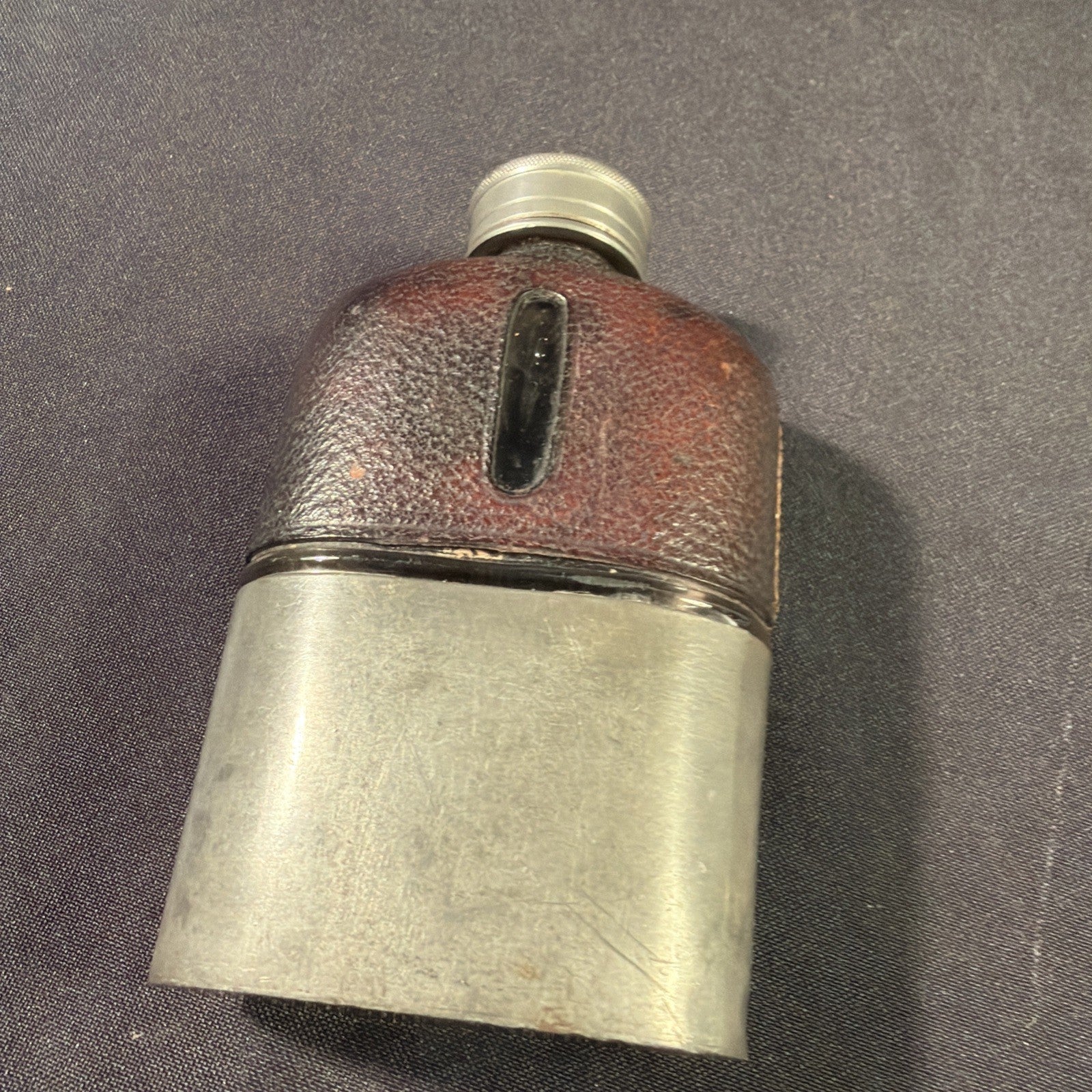 Antique WWI Hip Flask & Cup Pewter, Leather and Glass Ex Cond - (1994)