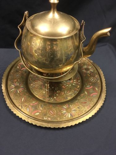Antique brass tray hand coloured design and brass kettle + Trivet - (2790)