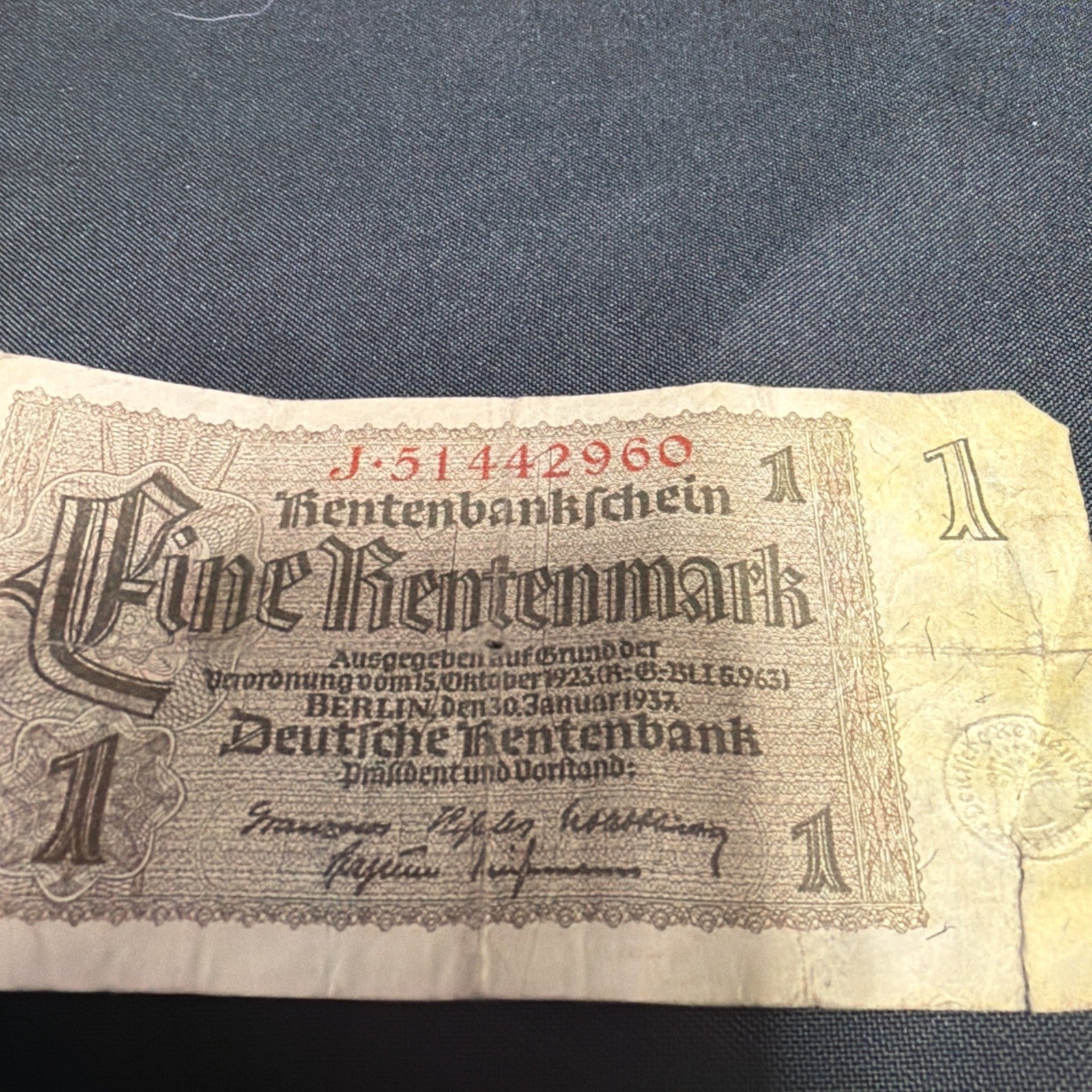 Bank Note Antique 1 Rentenmark Berlin 1937 German Banknote Circulated - (2353)