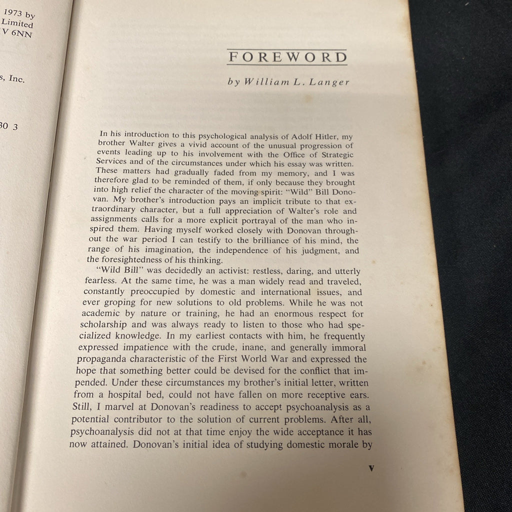 Book - The Mind of Adolf Hitler - Walter Langer - 1973 1st Ed - (1523)