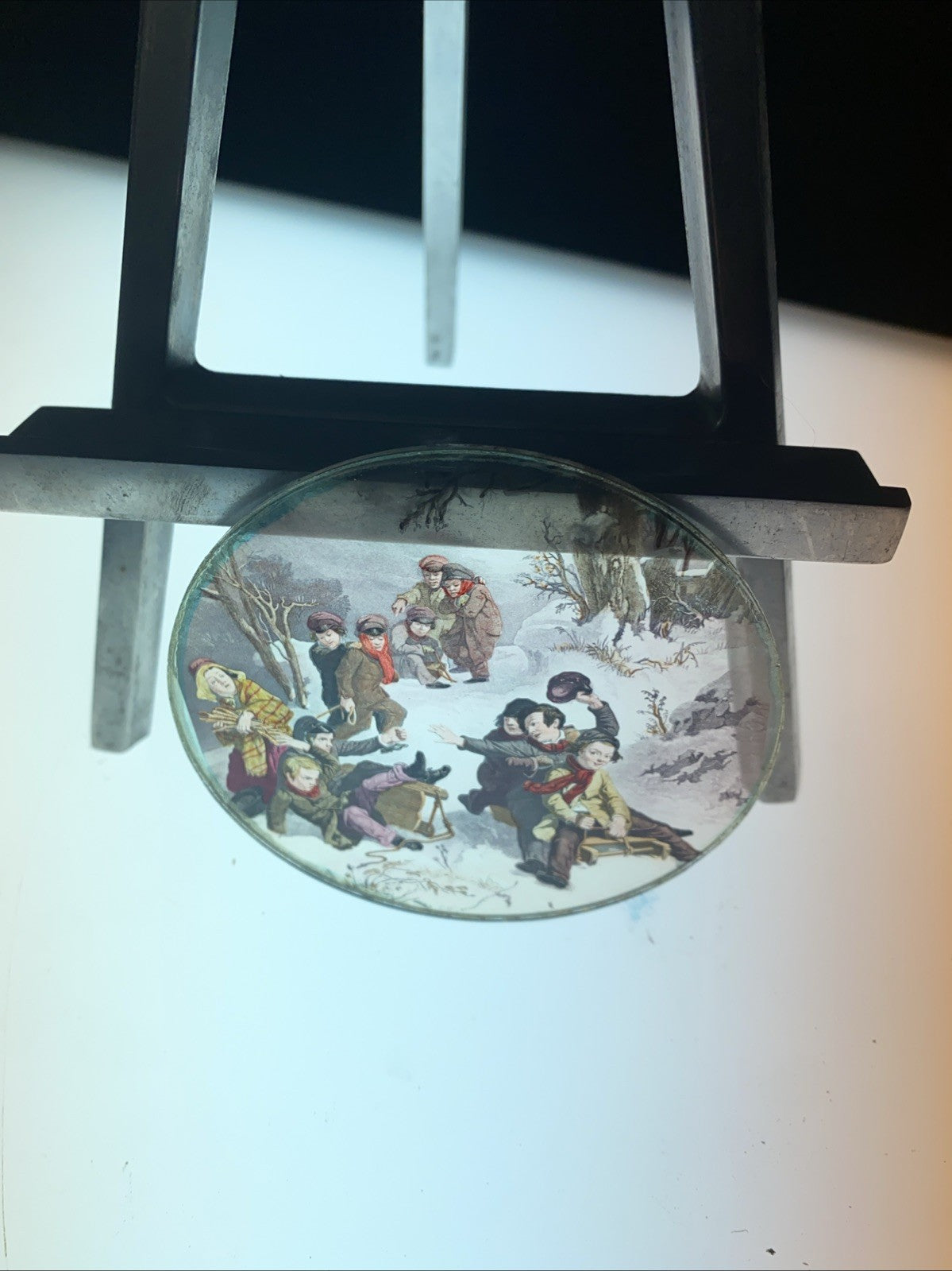 Magic Lantern Victorian Glass Round Handpainted Slide Children Sledgeing (1167)