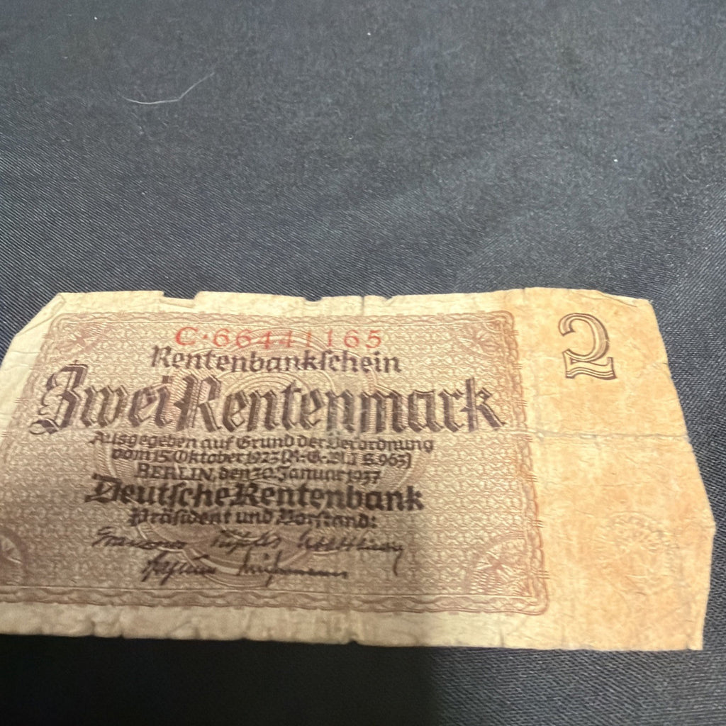 Bank Note Antique 2 Rentenmark Berlin 1937 German Banknote Circulated - (2320)