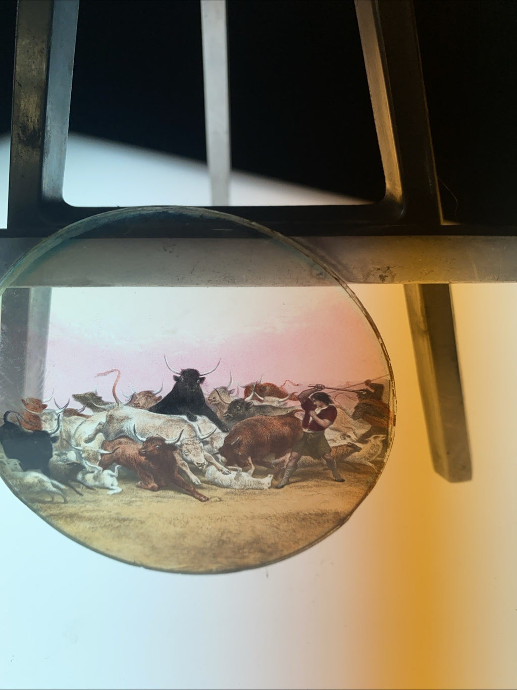 Magic Lantern Victorian Glass Round Handpainted Slide A stampede (1154)