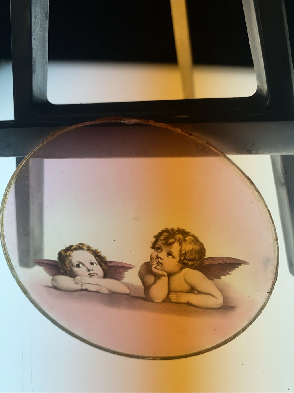 Magic Lantern Victorian Glass Round Handpainted Slide Pair of Cherubs (1116)