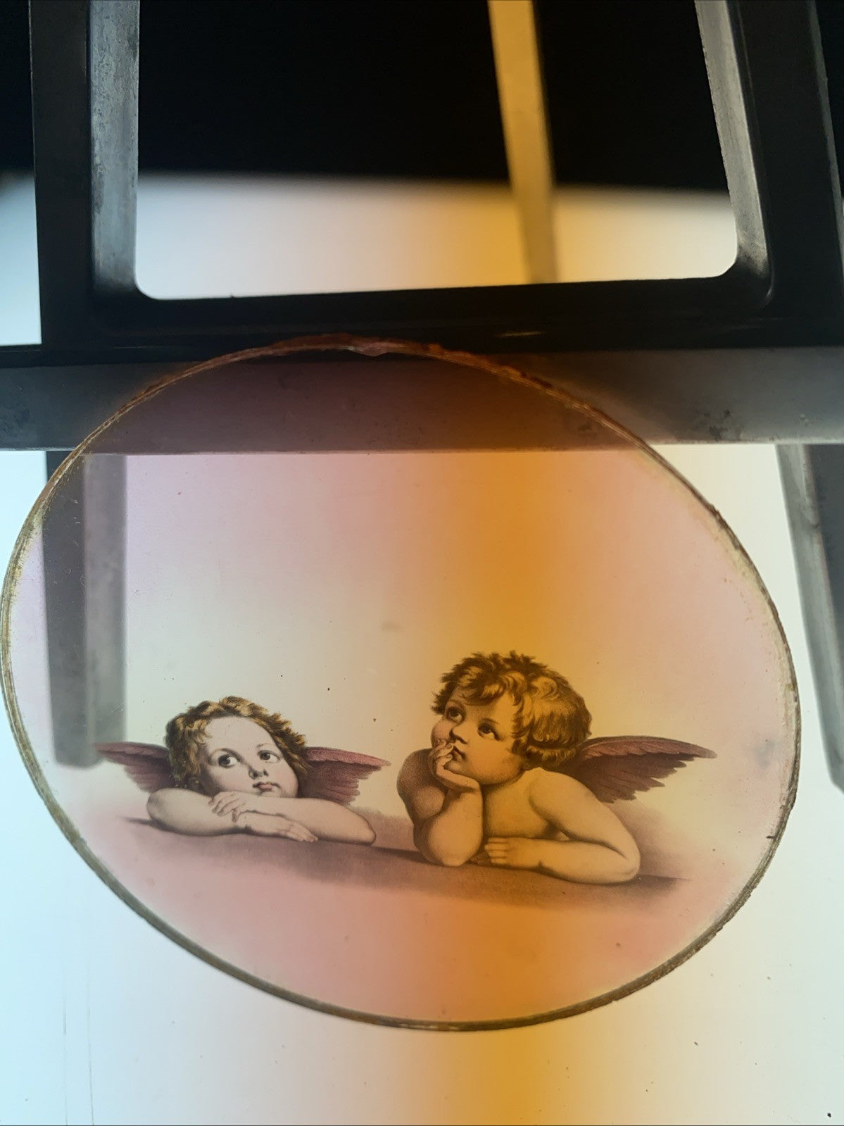 Magic Lantern Victorian Glass Round Handpainted Slide Pair of Cherubs (1116)