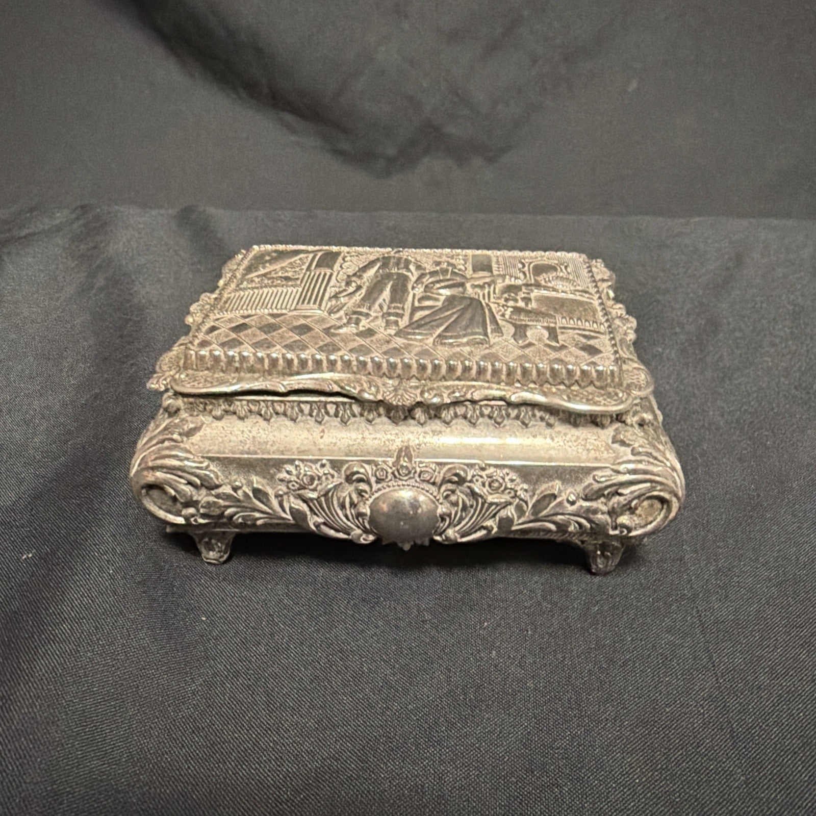 Vintage White Metal Ornate Trinket Box Large made in Japan Medieval scene - (1956)