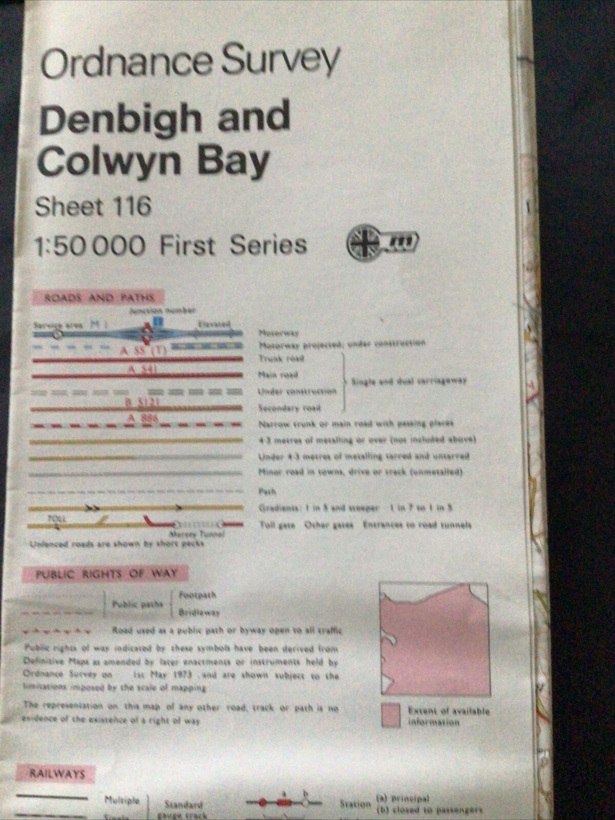 MAP - Ordnance Survey 1:50 1st Series 1974 -Denbigh & Colwyn Bay #116 - (8708)