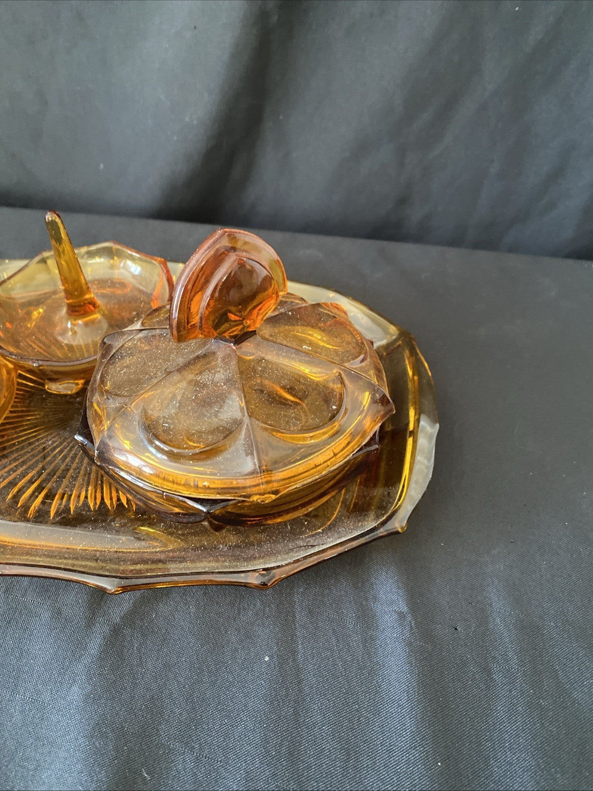Vintage Pressed Glass Dressing Table Set Amber Tray, Pot, Ring Holder - (5458)
