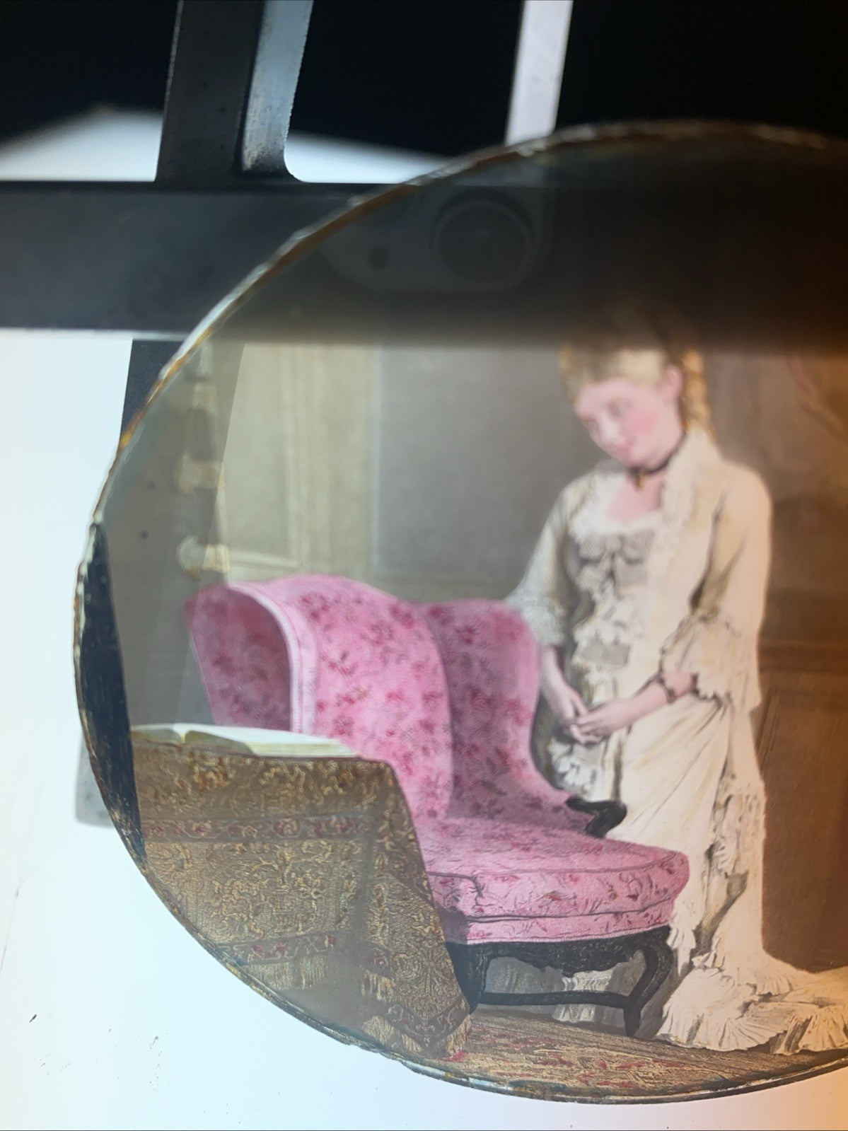 Magic Lantern Victorian Glass Round Handpainted Slide Lady in parlour (1146)