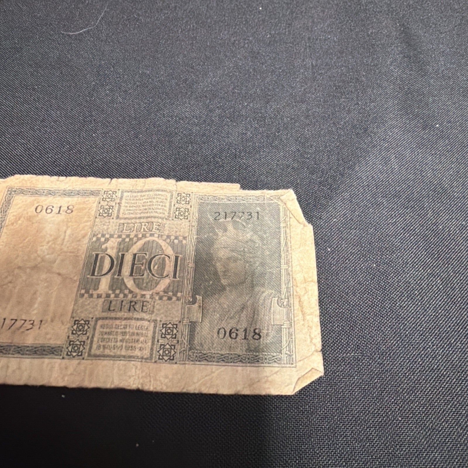 Bank Note Antique Regno D'Italia 10 Dieci Lire Cinque 1939 Circulated - (2306)