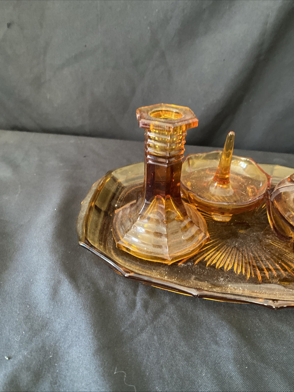 Vintage Pressed Glass Dressing Table Set Amber Tray, Pot, Ring Holder - (5458)