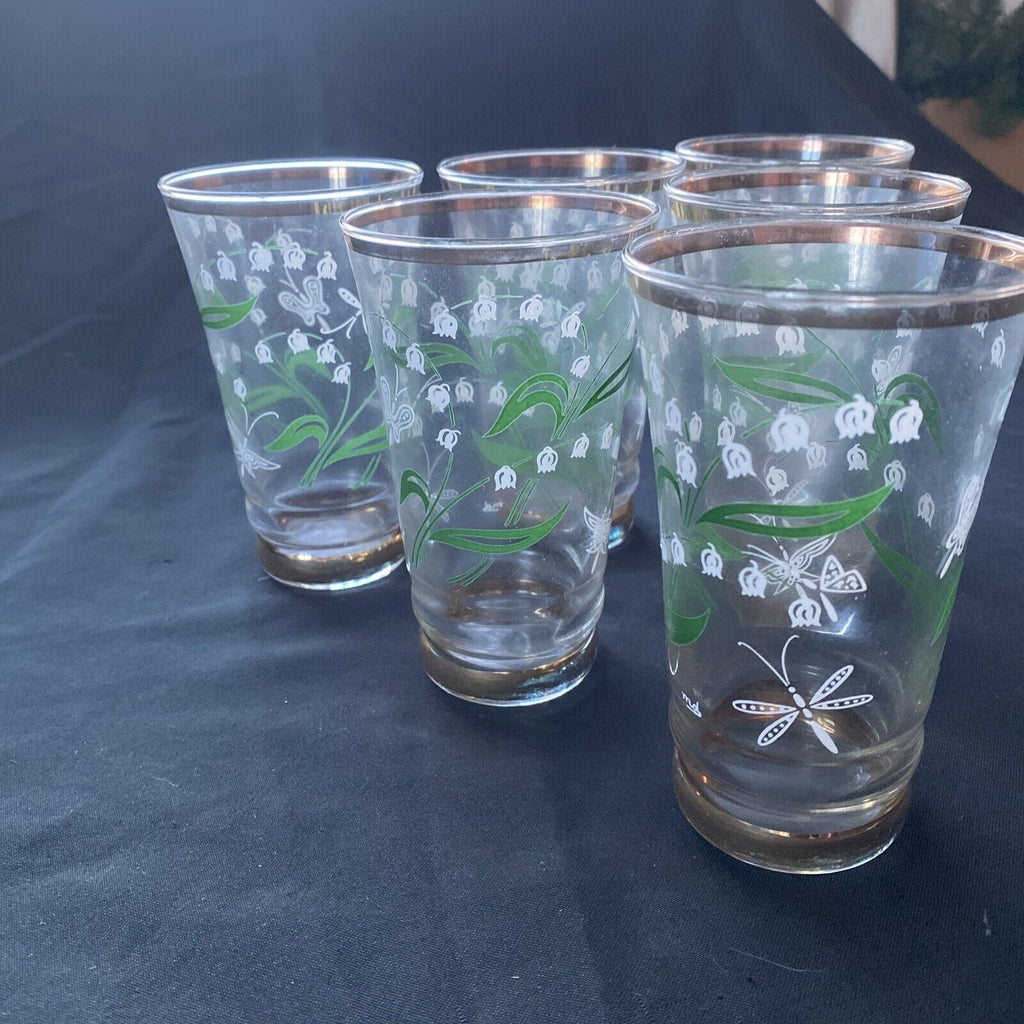 Vintage 1940's glass set with gilt edges and floral print x 6 - (9616)