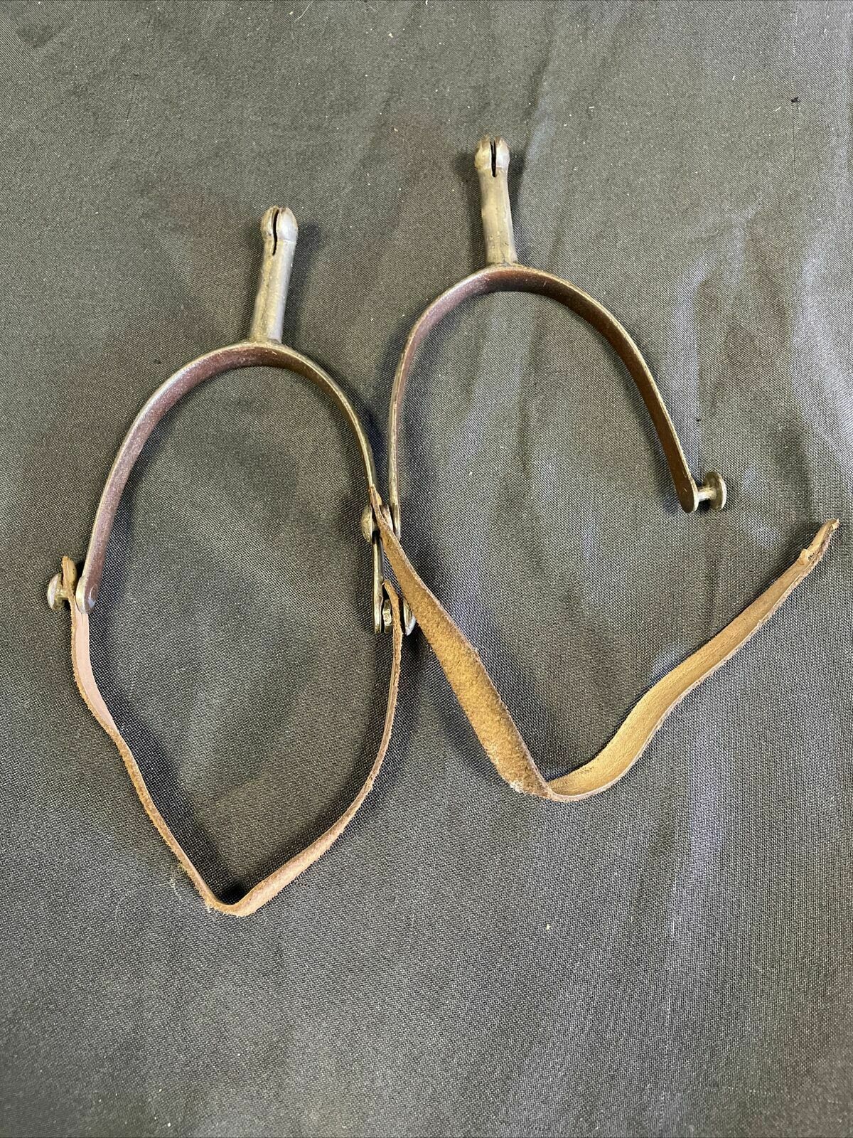 Antique Nickel Military Hunting Spurs sharp with leather straps WW1? - (8275)