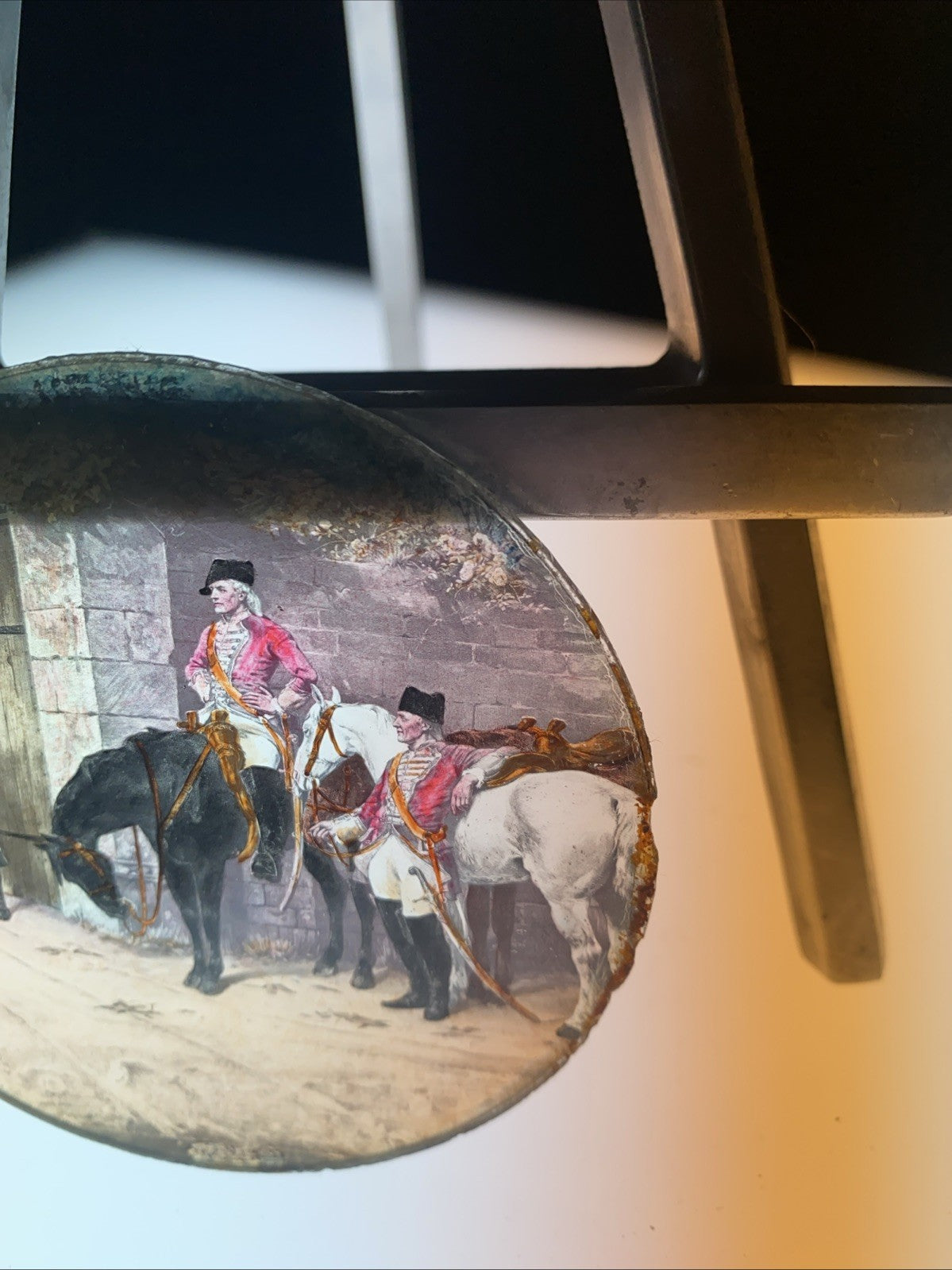 Magic Lantern Victorian Glass Round Handpainted Slide Guards & Horses (1147)