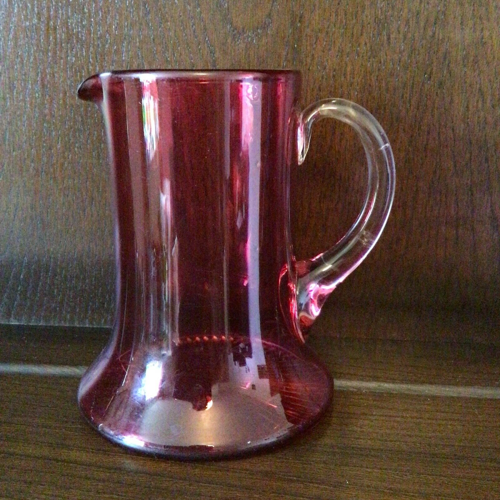 Antique wide bottom Cranberry Glass jug 5.5" high - (9775)