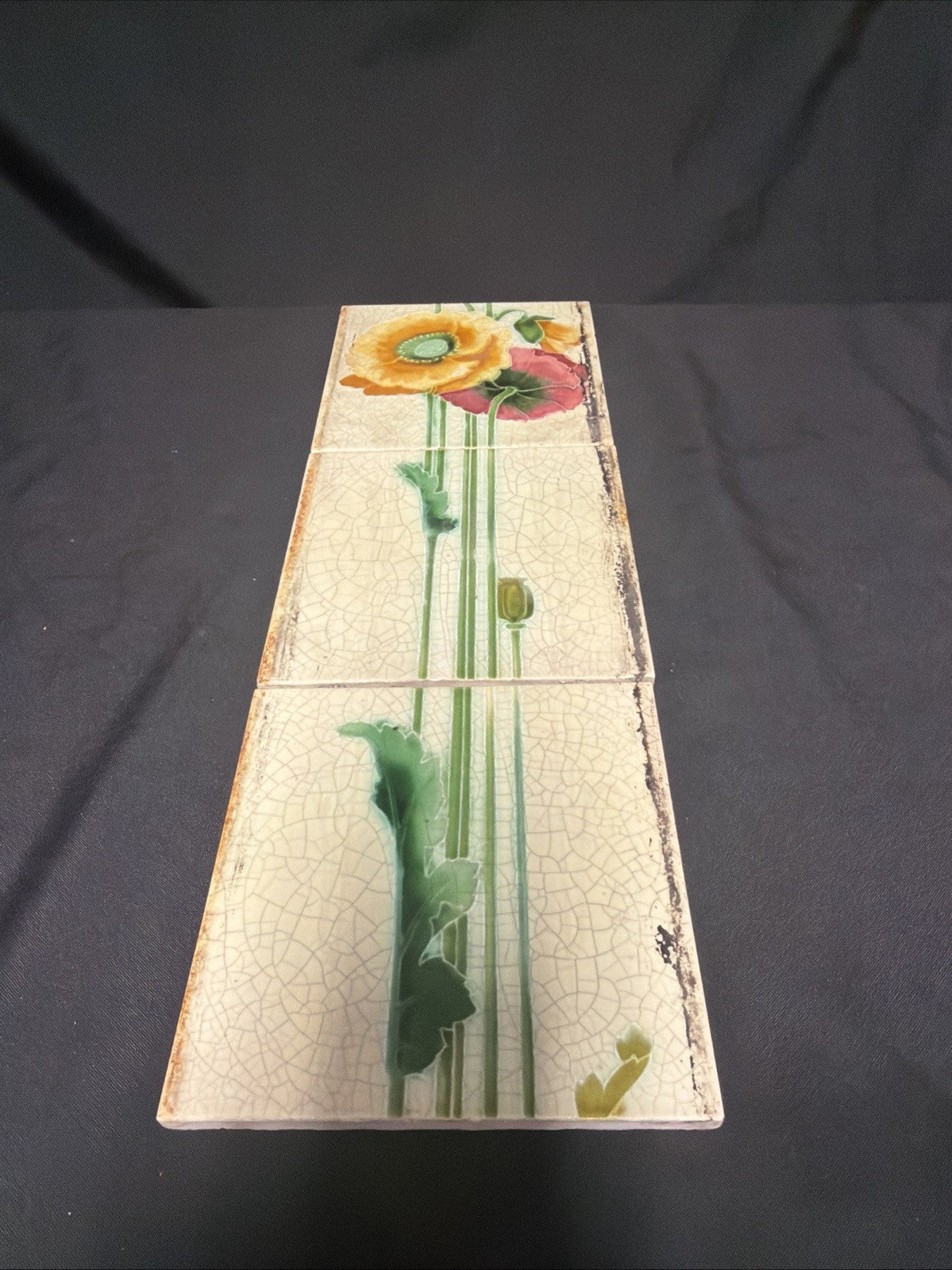 Antique Tiles set of three crackle glaze floral RD No 533060 1909? - (1893)